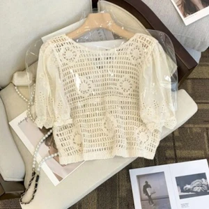 Spring Autumn Knitted-Blouse Hollow-Short Knitted Short Chiffon Puff Sleeve - Picture 1 of 9