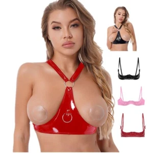 Womens Patent Leather Open Cup Bra Adjustable Wide Shoulder Wet Look Lingerie - Picture 1 of 46