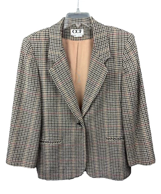 Cross Country Fashions Plaid Houndstooth Blazer Womens 12P Brown Wool Blend - Image 1 of 4