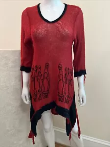Vintage Wearable Art Modernist Unikat Rot Asymmetrisch Folk Long Pullover S/M - Bild 1 von 9