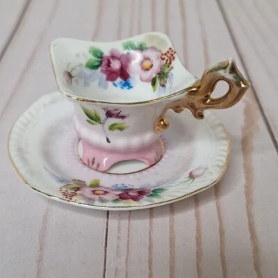 Vtg Miniature Teacup & Saucer Hand Painted Pink Purple Floral Made In Japan - Image 1 of 4