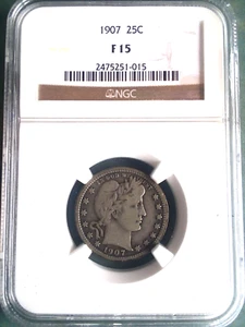 Barber Quarter 1907-P, NGC F-15 - Picture 1 of 9