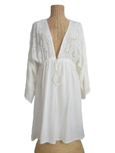 Camisa Top Túnica Boho Me Para Mujer Pequeña Blanca Marfil Manga 3/4 Ojales Bordados S - Imagen 1 de 14
