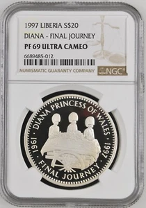 1997 LIBERIA SILVER 20 DOLLARS DIANA - FINAL JOURNEY NGC PF 69 ULTRA CAMEO - Picture 1 of 2