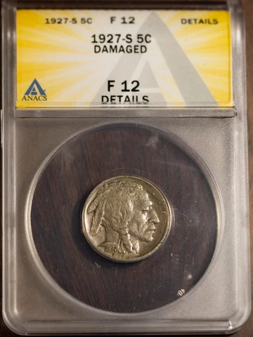 1927-S 5C Indian Head Buffalo Nickel F-12 Details ANACS # 7465053 + Bonus Cover