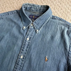 Mens Polo Ralph Lauren Blue Denim Long Sleeve Shirt - Extra Large (XL) Slim Fit - Picture 1 of 12