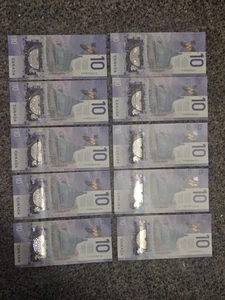 Sequential lot of 10× 2018 canadian 10 dollar bills - AU-UNC condition - Picture 1 of 10