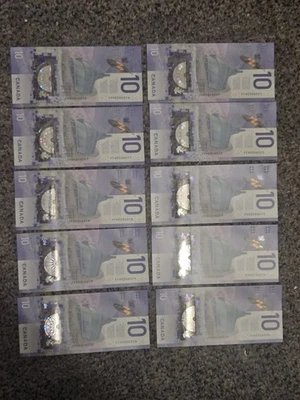 Sequential lot of 10× 2018 canadian 10 dollar bills - AU-UNC condition - Image 1 of 4