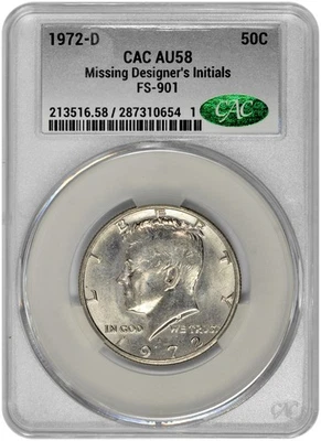 1972 D 50c Kennedy Half Dollar CAC Graded AU 58 Missing Designer Initials FS-901 - Image 1 of 2