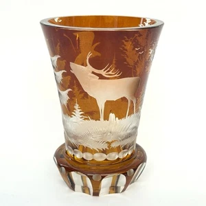 Vaso calice calice ambra vetro taglio boemo a trasparente vintage aquila alce alberi - Foto 1 di 12
