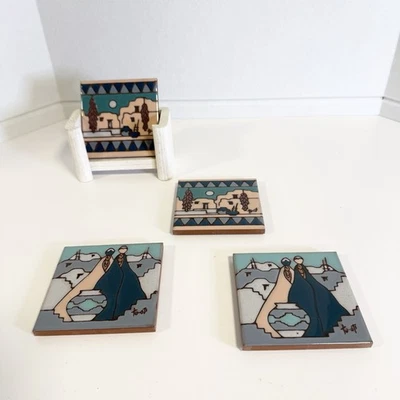 Vintage Gale Tu-oti Native American Southwestern Tile Decor Set Of 4 Signed Art - Image 1 of 4