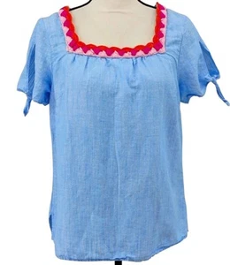Talbots Blue Linen Top Size Small Crochet Square Neck Short Sleeve Coastal Chic - Picture 1 of 6