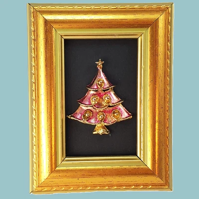 MINI Framed Vintage Jewelry Pink and Gold Tone CHRISTMAS TREE 3.25"x4.5" - Image 1 of 4