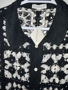 MORSECODE GEHÄKELT OFFEN LOCKER STRICK QUADRAT PATCHWORK SCHWARZ S/S KNOPF SHIRT M NEU MIT ETIKETT - Bild 1 von 13