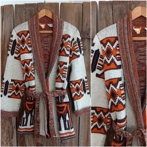 Cárdigan Wintuk by Sabra Vintage Años 70 Cuello Cinturón Suroeste Marrón Naranja *A - Imagen 1 de 23