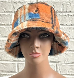 KANGOL Faux Fur Bucket Hat - NWT - Orange Blue Plaid Winter Urban Unique Soft - Picture 1 of 11