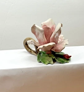 Pink Capodimonte Rose Porcelain Candle Holder Italy - Picture 1 of 4