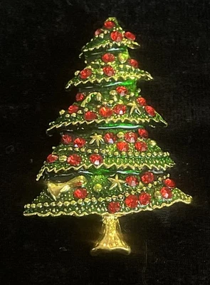 Red Crystal Green Enamel Christmas Tree Gold Tone Pin  - Image 1 of 3