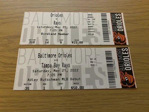 Orioles Adley Rutschman MLB Debut Mint Tickets both Real & Replica 5-21-2022 Cover