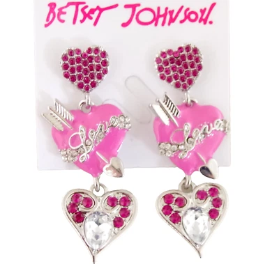 2.25" NEW BETSEY JOHNSON TRIPLE HEART PINK RHINESTONE LOVE DROP DANGLE EARRINGS - Image 1 of 4