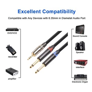 3.5mm Jack To Dual 6.35mm Cable Aux Cable 2 Mono Male 6.5 to 3.5 Splitter Cable - Picture 1 of 23