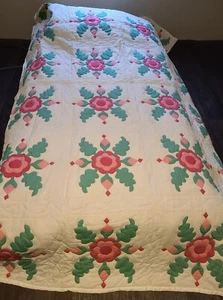 Antik 1800er handgenähter Quilt Twin XL Whig Rosenmuster mit Geschichte 63"x98" - Bild 1 von 11