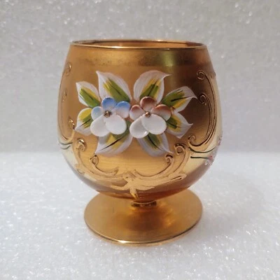VTG Czech Republic Bohemian Style Enamel Floral Gold Regency Glass Goblet 3"  - Image 1 of 4