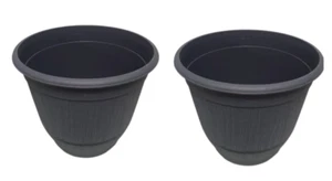 35cm Grey Cask Bell Planter with Band Rustic Plastic Barrel Pot with Drainage - Picture 1 of 20