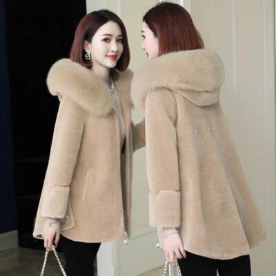 New Women's Cashmere Wool Fur Coat New Lamb Wool Real Fox Fur Hooded Jacket Coat - Image 1 of 4
