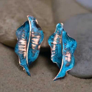 Solid Copper Verdigris Patina Leaf Post Earrings - Picture 1 of 10