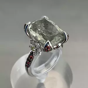 Magnificent Design! Montezuma Prasiolite, MultiGem Floral Ring 925 Silver Size 9 - Picture 1 of 24