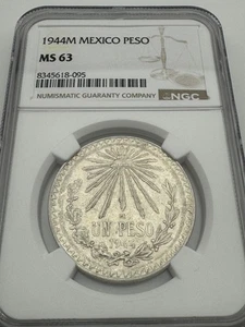 1944-M MEXICO CAP & RAYS SILVER 1 UN PESO ESTADOS UNIDOS MEXICANOS NGC MS 63 - Picture 1 of 5