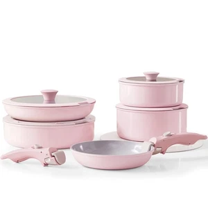 Juegos de ollas y sartenes antiadherentes rosa con mango extraíble, juego de utensilios de cocina de cerámica D... - Imagen 1 de 8