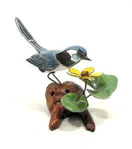 VTG Brumm Blue Bird Yellow Flower Wood Base Enamel Copper Sculpture Figurine - Picture 1 of 11