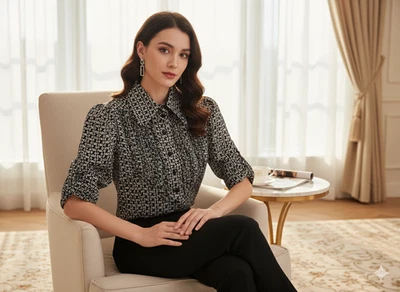 Top Bebe Seda Botón Adornado Manga Mediana Volantes Negro Sofisticado Preppy Foto 1 de 4