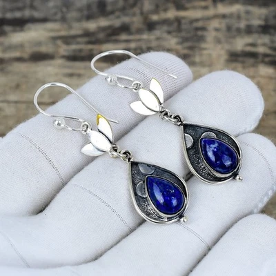 Naturale Lapislazzuli Gemma Orecchini 925 Argento Sterling Fatto a Mano Gioielli - Immagine 1 di 4
