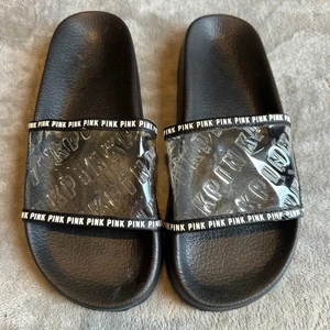 PINK Victoria's Secret Women's Black Clear Logo Slides Sandals Size L - Picture 1 of 5