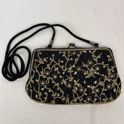 Bolso sin asas vintage Lancôme negro con cuentas bandolera correa de cordón cierre de beso Foto 1 de 4