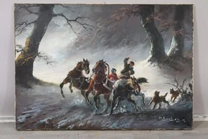 Flucht vor den Wölfen Ölgemälde signiert Michael BORBELY (1923-2003)   (BG2884) - Bild 1 von 18