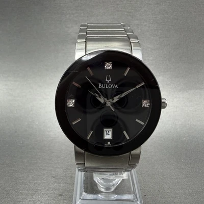 Bulova Watch Men 35mm Black Dial Silver Tone Date 96D18 New Battery - Image 1 of 4