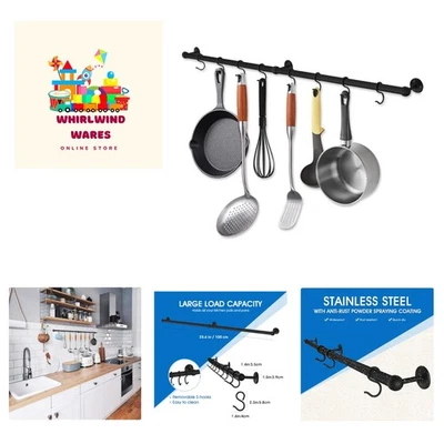 Elegante estante para ollas de acero inoxidable negro mate de 39,4 pulgadas - organizador montado en la pared Foto 1 de 4