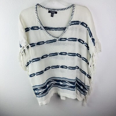 Suéter Chaps Denim Azul Marfil Diseño Suroeste Manga Corta Flecos Talla M Foto 1 de 3