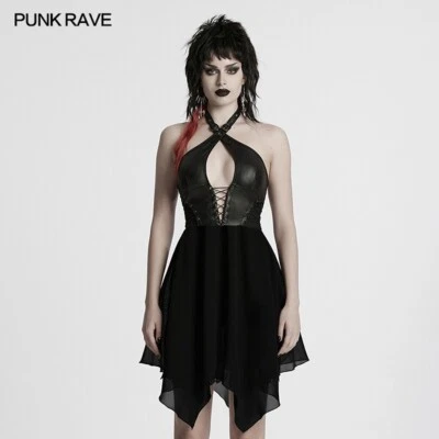 Punk Rave Black Sexy Women Gothic Punk Hollow Out Cross Halter Neck Short Dress - Image 1 of 4