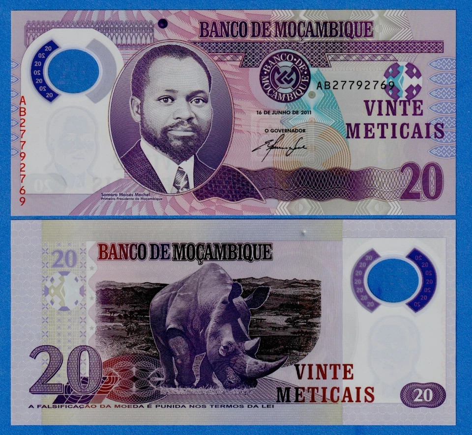 Mozambique 20 Meticais 2011  P-149a  Polymer UNC Note - Rhino - Image 1 of 3