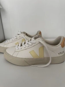Size 4 T2 Women’s Sneakers - VEJA Campo Chromefree Leather Low White/Sun/Peach W - Picture 1 of 12