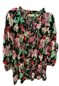 Women's Caffe Marrakech Multicolor Floral Smocked Button-up Tunic Top Sz Large  - Picture 1 of 11