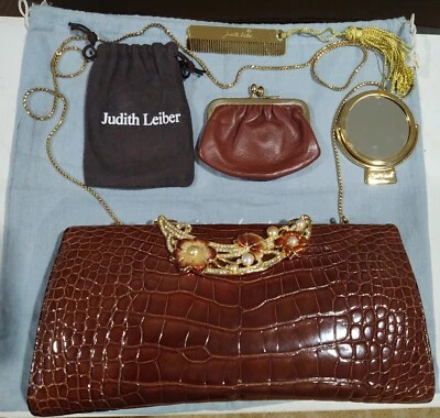 EPIC Judith Leiber brown alligator enamel flowers! pearls! rhinestones! clutch! - Image 1 of 4