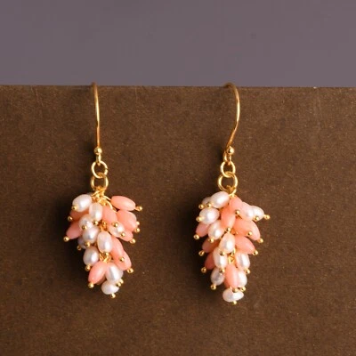 Bunch, hanging, coral & pearl chandelier earrings in 925 gold plated silver - Image 1 of 4