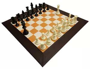 TOURNAMENT STYLE WEIGHTED CHESSMEN WITH 2 EXTRA QUEENS & LEATHERETTE BOARD - Picture 1 of 5