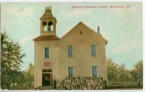Escuela parroquial alemana c1910 Strasburg Illinois con niños de la escuela - Imagen 1 de 1